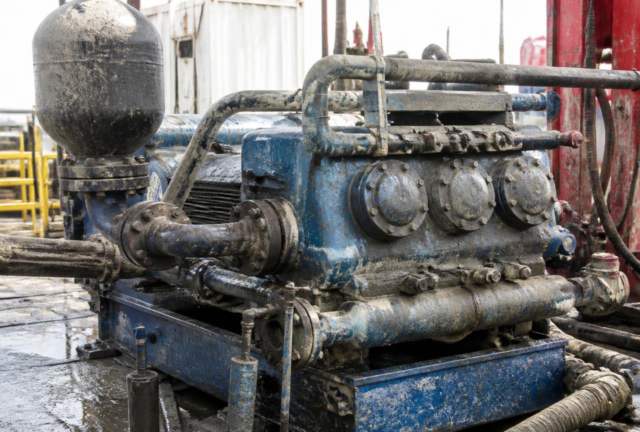 Triplex mud pump with fluid end and high pressure lines on a drilling site